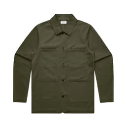 An olive green chore jacket featuring a collared neck and four front pockets. The jacket has a logo on the label.