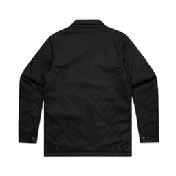 A black service jacket with long sleeves and a collar, featuring fasteners at the cuffs. It has a logo.