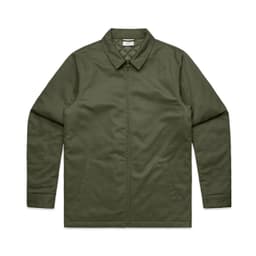 A green service jacket with a collared neckline and side pockets, featuring a logo on the chest.