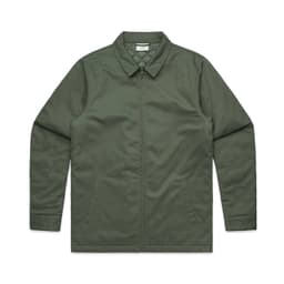 An olive green service jacket with a collar and two side pockets. The jacket features a logo.