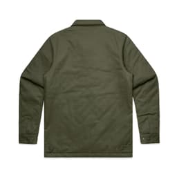 A green service jacket with a plain design and a logo on the back. Features a collared neck and button closures.