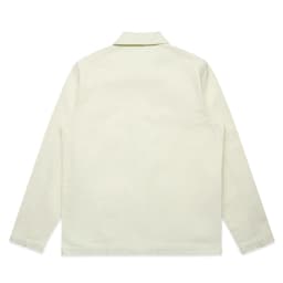 A light-coloured canvas chore jacket featuring long sleeves and a classic collar, with a logo on the back.