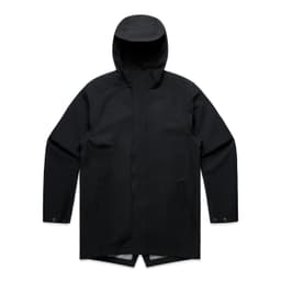 A black rain jacket with a hood, featuring a simple design and side pockets. It has a logo on the garment.