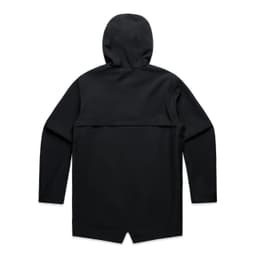 A black rain jacket with a hood and a back vent detail, featuring a logo on the fabric.