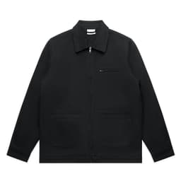 A black heavy canvas jacket featuring a zippered front and two large pockets, with a logo on the chest area.