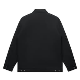 A black canvas heavy jacket featuring a collar and button detailing on the cuffs and hem, with a logo on the back.