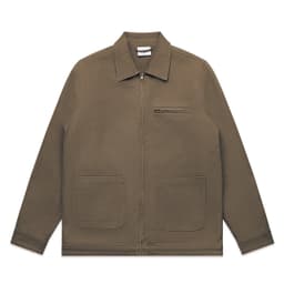 A heavy canvas jacket in a muted brown colour, featuring a zip front, two front pockets, and a chest pocket.