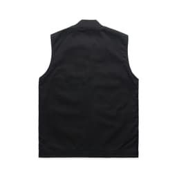 A black canvas heavy vest with a straight back design, featuring a collar and armholes. It includes a logo.