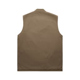 A khaki heavy vest with a simple design, featuring a collar and no sleeves. It includes a logo.