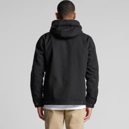 A black heavy hooded jacket with a hood, shown from the back, featuring a clean design and a logo.