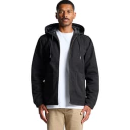 A man wearing a black canvas heavy hooded jacket with a lined interior and a front zip, featuring two pockets.