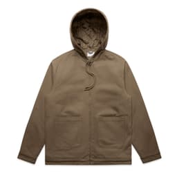 A heavy hooded jacket in khaki, featuring a hood and two front pockets, with a quilted lining inside.