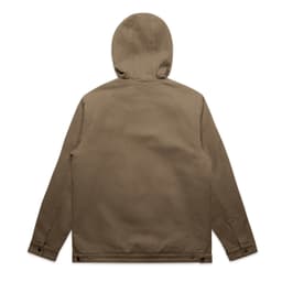 A heavy hooded jacket in a brown colour, featuring a hood and a simple design. It has a logo on it.