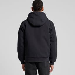 A black canvas bomber hood jacket featuring a hood and a simple design, with a logo on the back.