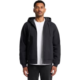 A black canvas bomber hood jacket featuring a front zipper and drawstring hood, worn by a model.