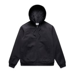 A black hooded bomber jacket with a quilted lining and ribbed cuffs, featuring side pockets and a front zipper.