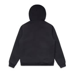 A black bomber hood jacket with a plain back and a hood. It includes a logo.