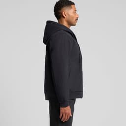 A black canvas bomber hood jacket with a side view, featuring a hood and front pockets.