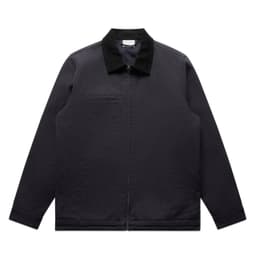 A black canvas cord collar jacket with a front zip and two side pockets, featuring a branding logo.