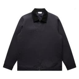 A black canvas jacket with a collar, featuring front pockets and a zip closure, includes a logo.