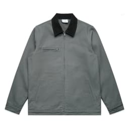 A grey canvas collar jacket with a black collar, featuring zippered and welt pockets. It has a logo tag.