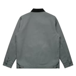A grey canvas cord collar jacket with long sleeves and a black collar. Features buttons at the cuffs and bottom.