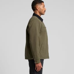 A canvas cord collar jacket in olive green, featuring a zippered chest pocket and a branded logo.