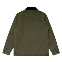 A canvas cord collar jacket in olive green, featuring a black collar and minimalistic design.