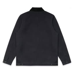 A dark navy canvas jacket with a collar, featuring buttons and a logo. The back view is displayed.
