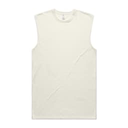 A light cream sleeveless tank top with a round neckline and a plain design, featuring a logo.