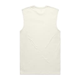 A sleeveless tank top in a light cream colour with a simple design and a logo.