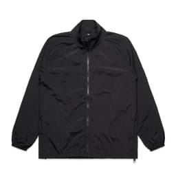 A black jacket with a zip front, high collar, and elastic cuffs. It features a logo on the upper chest.