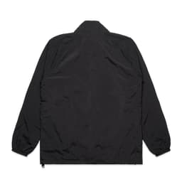 A black jacket with elastic cuffs and a collar, featuring a logo on the back.