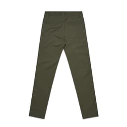 A pair of olive green slacks with a smooth texture and back pockets, featuring a logo on the waistband.