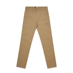 Tan slacks with a slim fit, featuring pockets and a waistband. The product includes a logo.