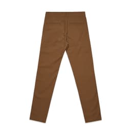 Brown slacks with a straight leg design, featuring back pockets and a simple logo.