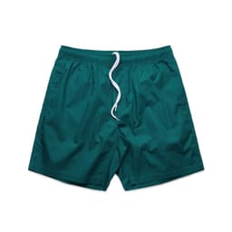Teal beach shorts featuring an elastic waistband and drawstring detail. Includes a logo on the waistband.