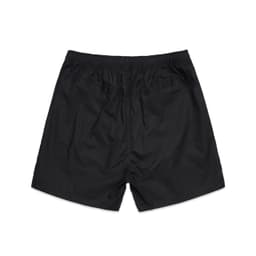 Black sports shorts with an elastic waistband and a smooth finish. Features a logo on the design.