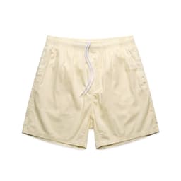 Light yellow beach shorts featuring an elastic waistband and drawstring, with side pockets.