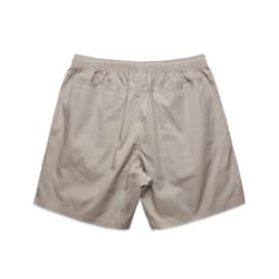 Khaki beach shorts with an elastic waistband, featuring back pockets and a simple design.