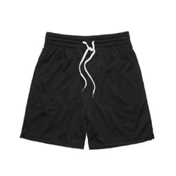 Black sports shorts with an elastic waistband and white drawstring, featuring a simple design.