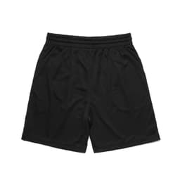 Black sports shorts with an elastic waistband and a simple design. Features a logo on one side.