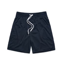 Navy sports shorts with an elastic waistband and drawstring. Features a logo on the front.