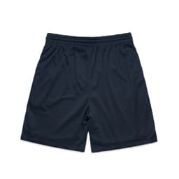 A pair of navy sports shorts featuring an elastic waistband and lightweight fabric. The design includes a logo.