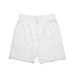 White sports shorts featuring an elastic waistband and drawstring, designed for active wear. Includes a brand logo.