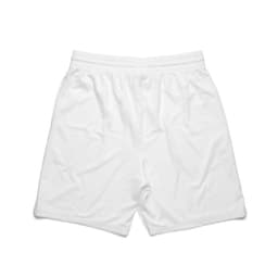 White sports shorts featuring an elastic waistband and a simple design. Includes a logo.