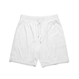 A pair of white sports shorts featuring an elastic waistband and a drawstring, with a logo on the front.