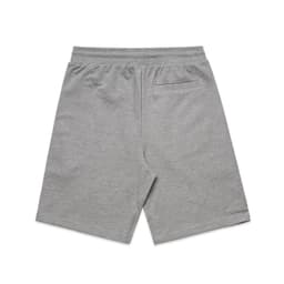 Grey sports shorts with an elastic waistband and a single back pocket. Features a logo on the waistband.