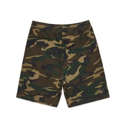 Camo shorts in green and brown tones, featuring a waistband and a logo on the back. Suitable for sports activities.