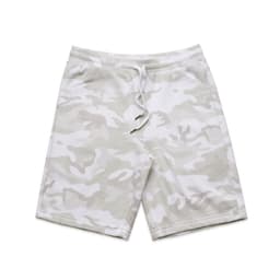 A pair of grey and white camo sports shorts with an elastic waistband and drawstring detailing.